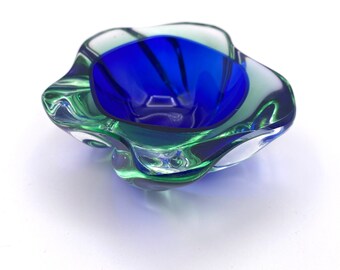 Emerald Green and Cobalt Blue Art Glass Small Dish Vintage This is Likely Murano