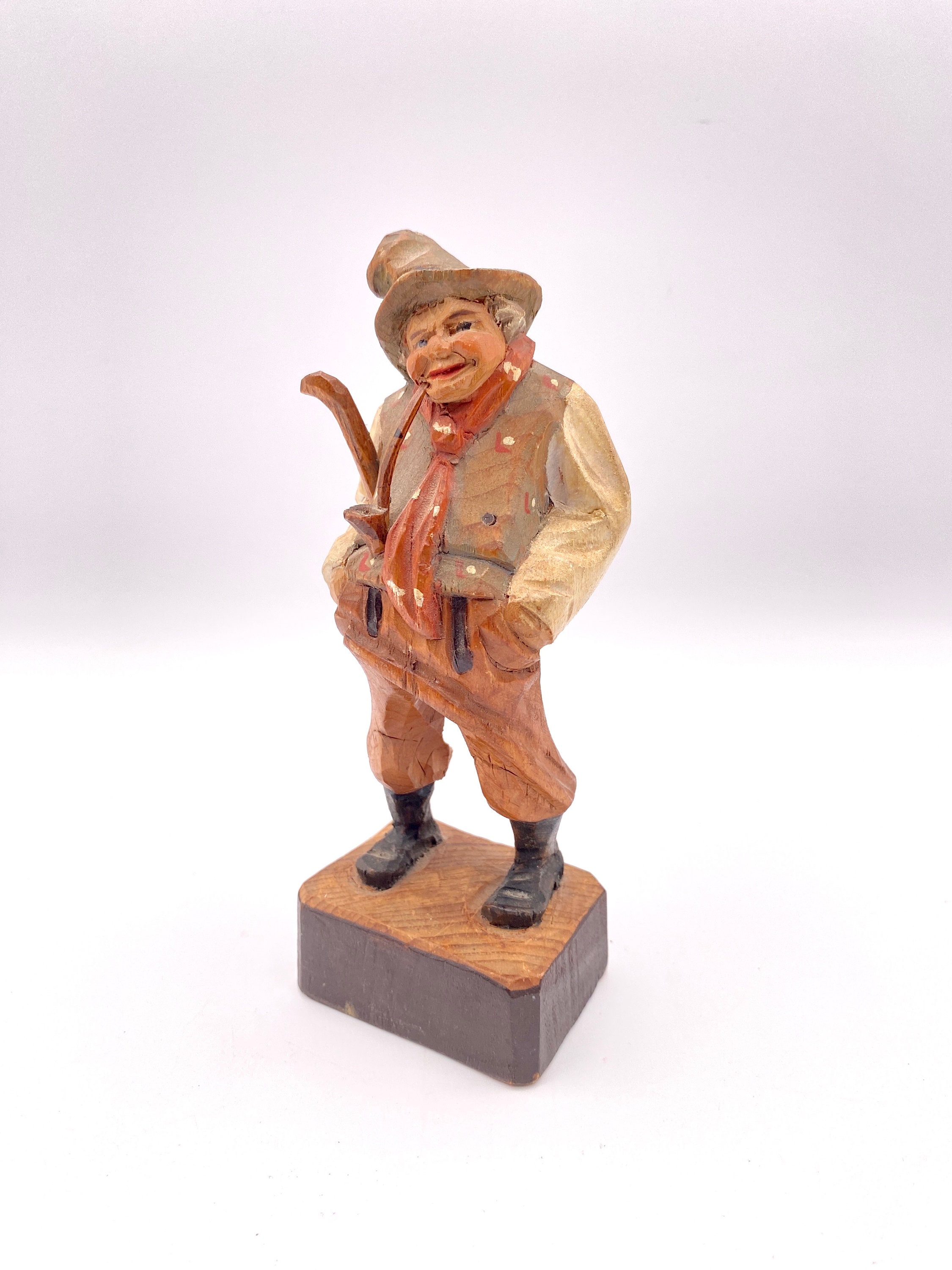 Swiss Village Man With Pipe Hand Carved Wooden Figure by O. Maeder