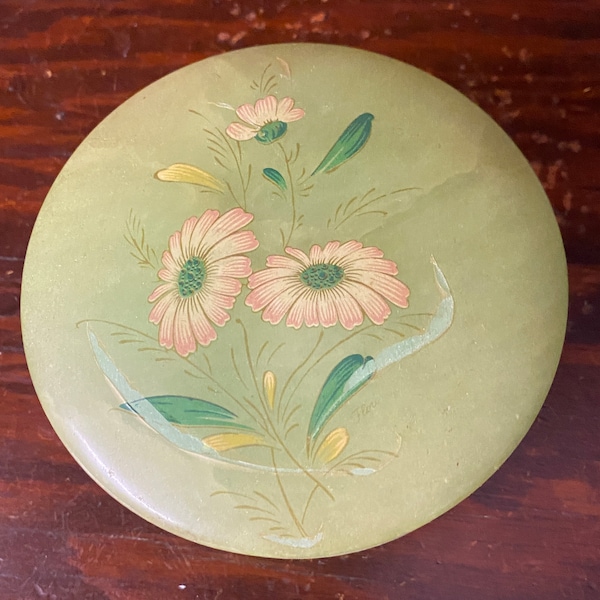 Italian Made Alabaster and Jadeite Round Dresser Box Floral Pink Flowers Green Gold Jewelry Box