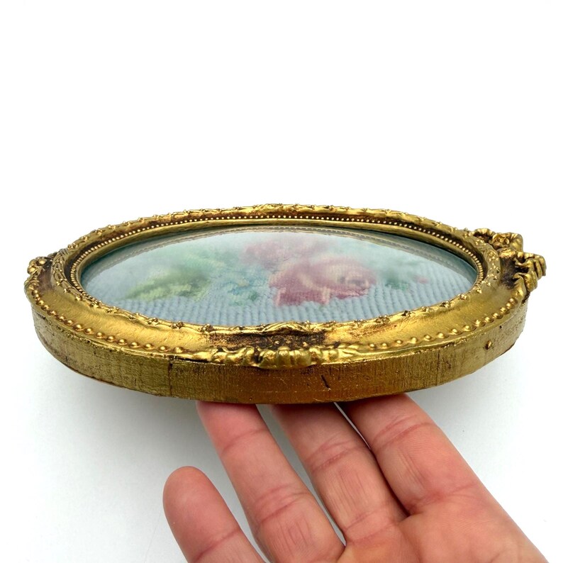 Vintage Needlepoint Framed Rose Bouquet With Convex Glass in Gold Frame ...