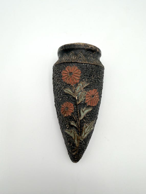 Antique Japanese Wall Pocket Tokanabe Black With Orange Floral