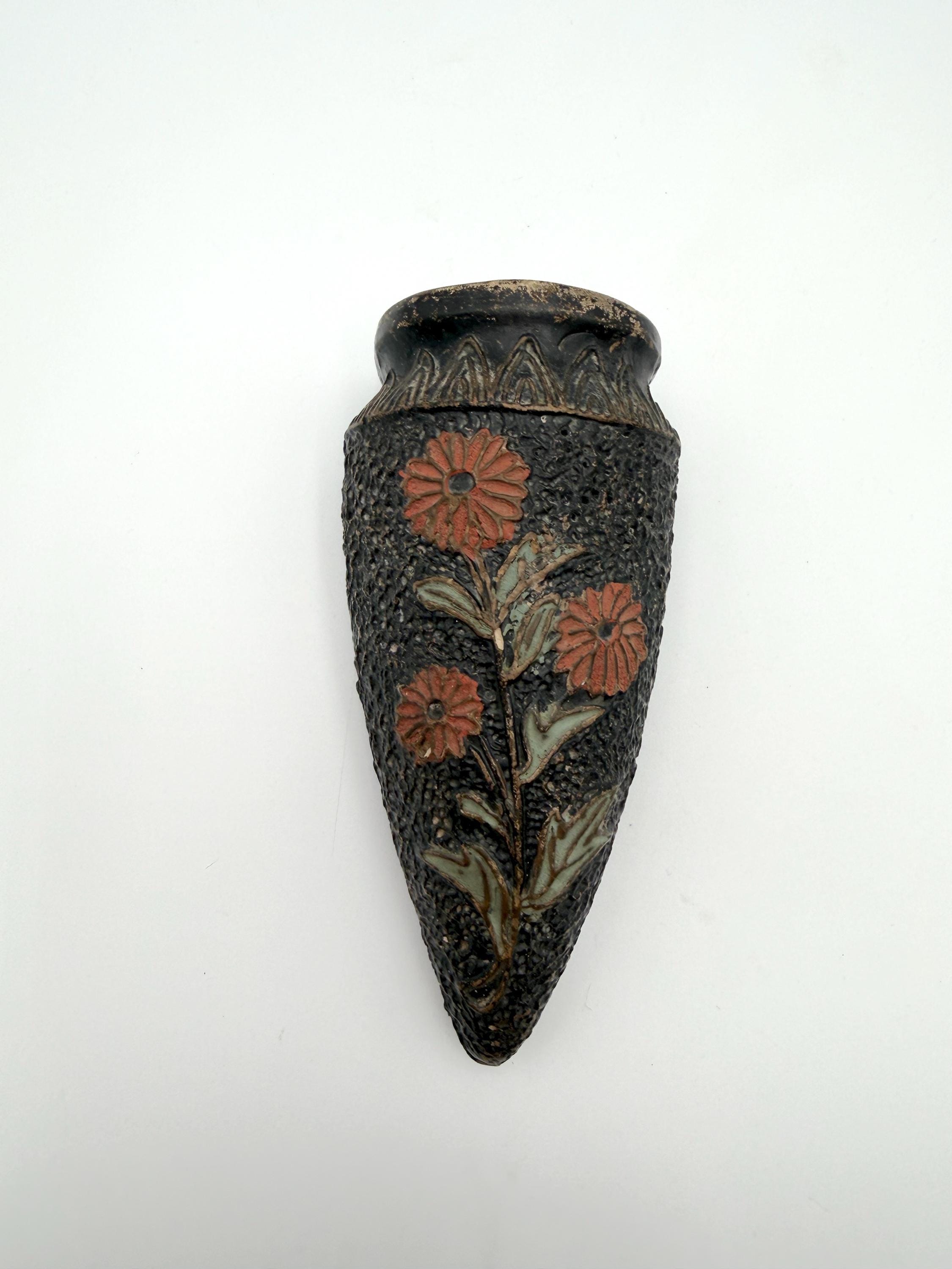 秀湖壺　森下要三　壺　花器Japanese traditional crafts Antique Japanese Wall Pocket Tokanabe Black With Orange Floral