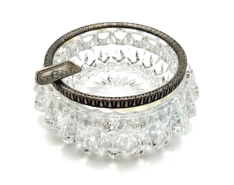 Elegant Crystal Ashtray with Silver Plated Rim Embossed with Floral Details
