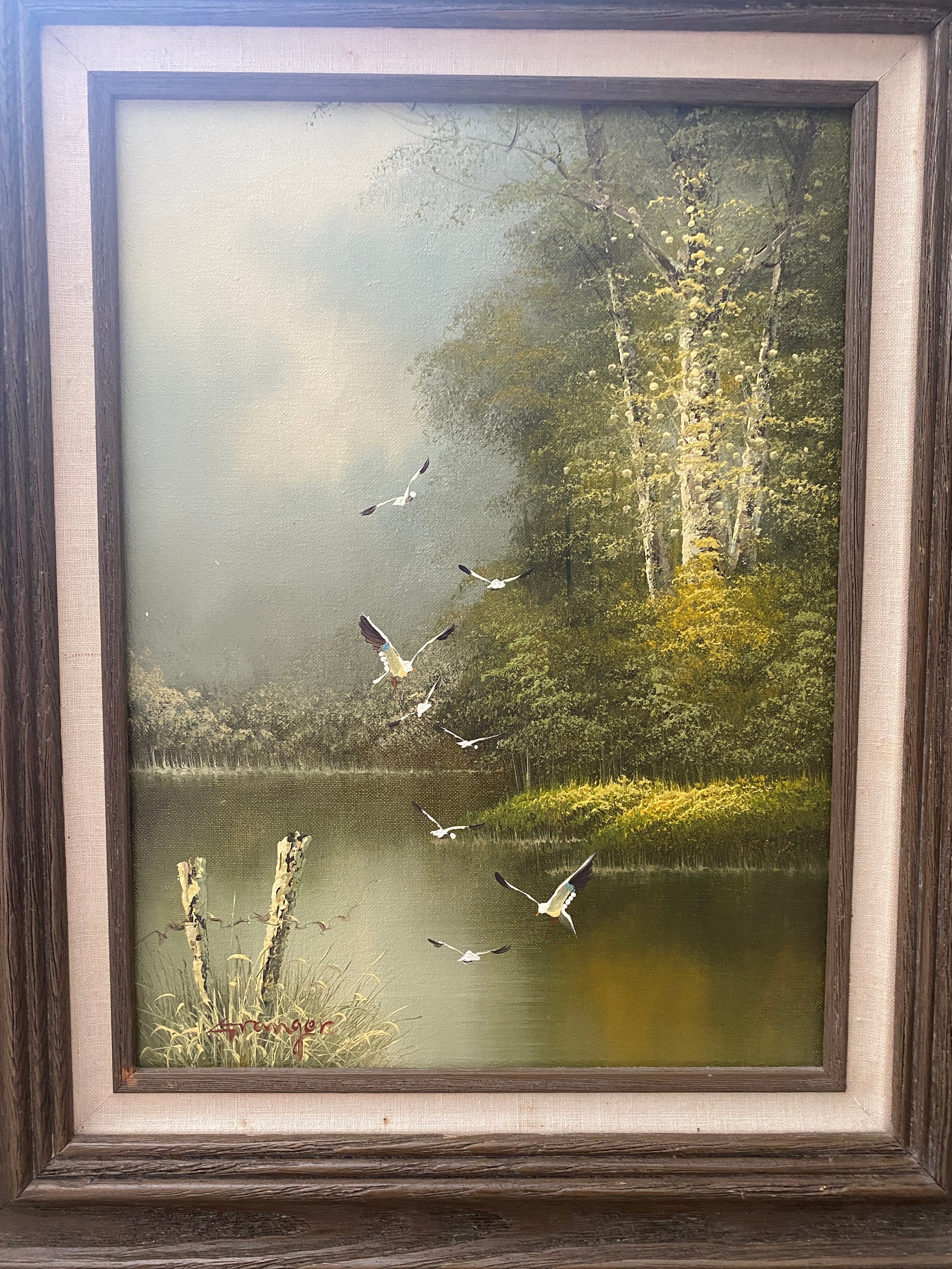 Oil Painting of Serene Forest Lake and Birds by Charles Henry