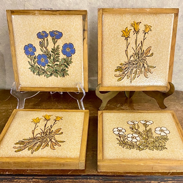 MCM Vintage Blue, White, Yellow Flower Trivets Porcelain Ceramic Tile Framed in Oak Made in Italy