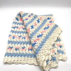 Vintage Hand Crocheted Blanket Blue, Pink, and White, 39.75” x 35.5”