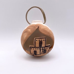 Handmade and Painted Pueblo Home Cut Out Pottery Ornament with Leather Hanging Loop, 2.5&quot;