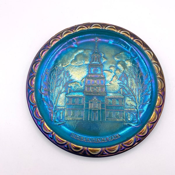 Blue Carnival Glass Commemorative Plate Independence Hall