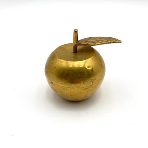 Brass Apple Lidded Box, Small Gift for Teachers, 2.75” T x 3” W, Vintage Apple