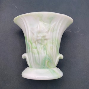 Akro Agate Small Daffodil or Narcissus White & Green Slag Glass Vase
