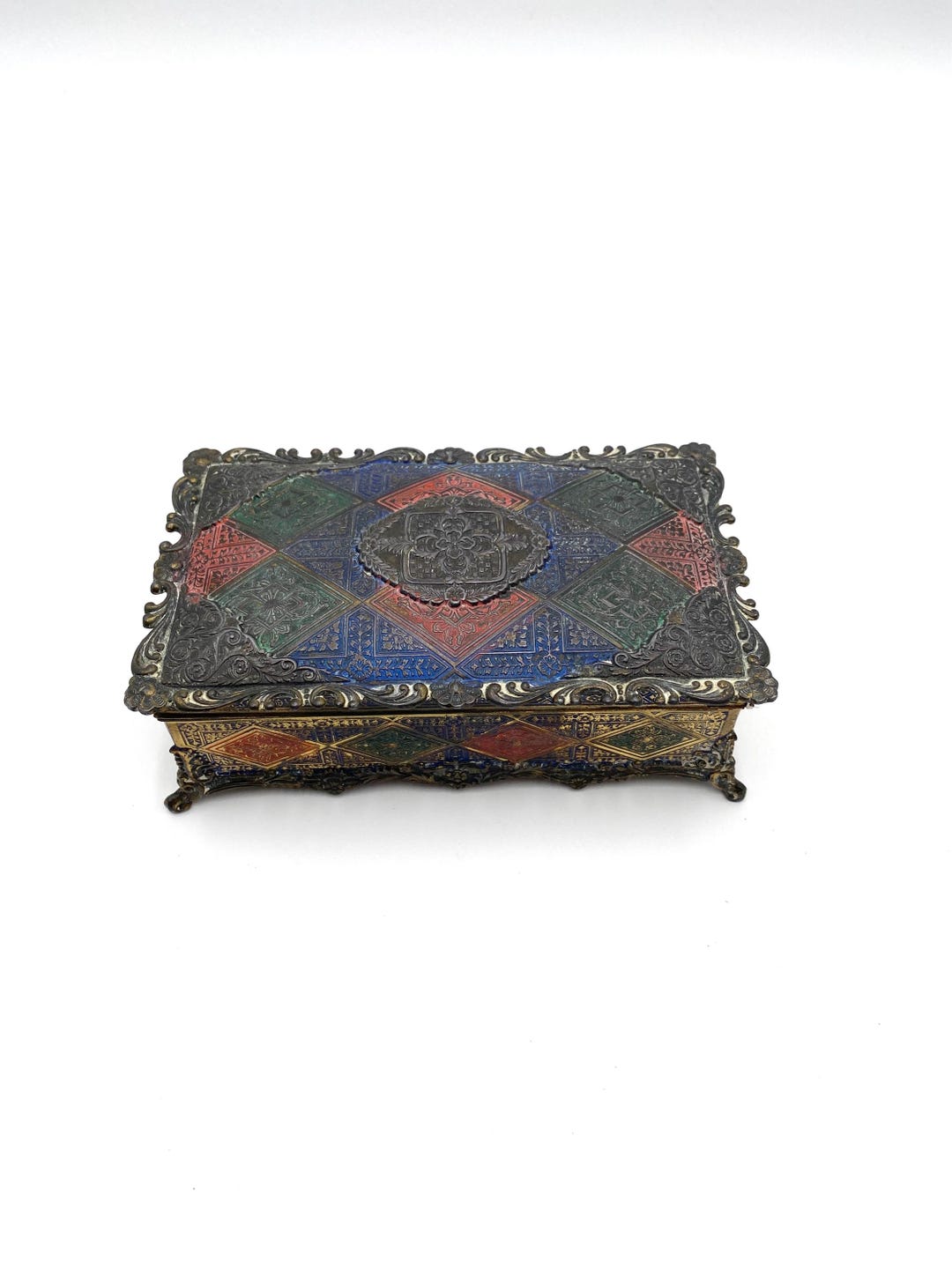 Colorful Metal Box Colorful Blue & Red Enameled Metal Box, 7” L X 4” W X 2.25” T - Etsy