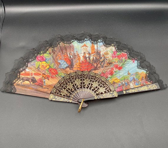 Sevilla Style Vintage Hand Fan in Vivid colors on… - image 2