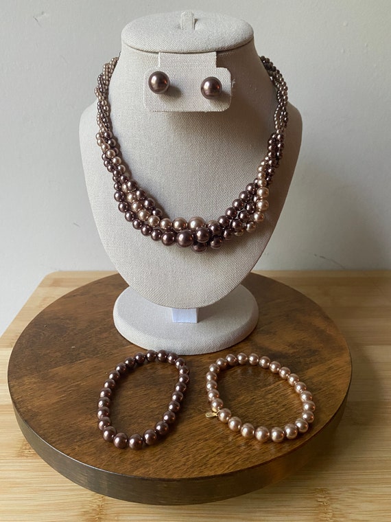 Twisted Faux Pearl Necklace Bracelet Earring Set by Rmn copper