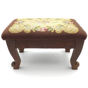 Vintage Floral Needlepoint Footstool, Roses on Cream, 16" x 10" x 9.25"