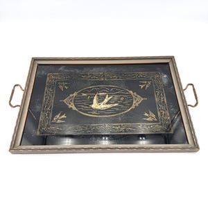 1930s Art Deco Reverse Painted Serving Tray with Metal Handles