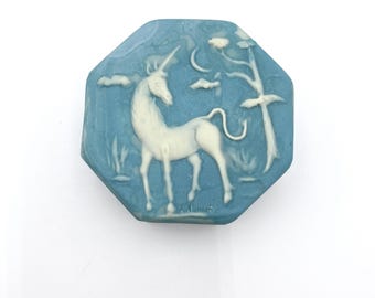 Unicorn Incolay Stash Box Decorated In Raised Relief on Top, Jewelry Box