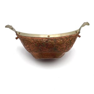 Vintage Embossed Copper Boat Candleholder with Brass Accents