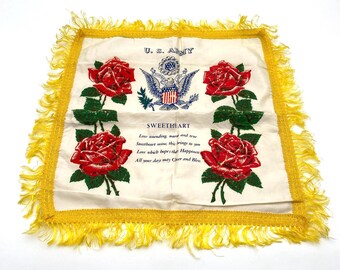 WWII US Army Sweetheart Souvenir Pillow Cover Flocked Satin, Blue