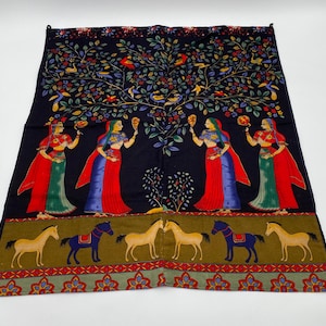 Cotton-Linen Blend India Fabric Small Curtain, Handmade Stitched Together Panels, 26.5&quot; x 23.5&quot;