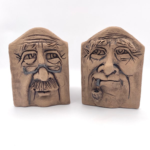 Vintage Pottery Face Bookends Hand-Made by David L Davis Old Men Bookends