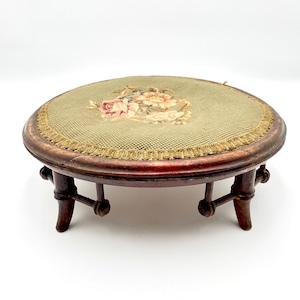 Victorian Floral Needlepoint Walnut Footstool, Roses on Green Background, 13.5&quot; Diameter