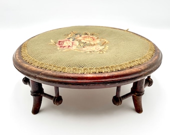 Victorian Floral Needlepoint Walnut Footstool, Roses on Green Background, 13.5&quot; Diameter