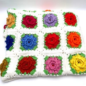 Vintage Granny Square Crocheted Afghan: 3D Roses Twin Bed Cover (76&quot; x 46&quot;)