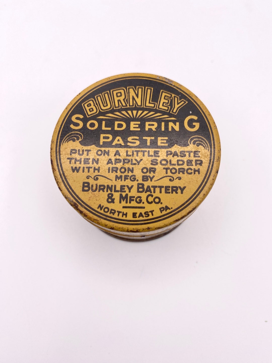 Vintage Burnley Battery Soldering Paste Tin Collector Advertising Tin