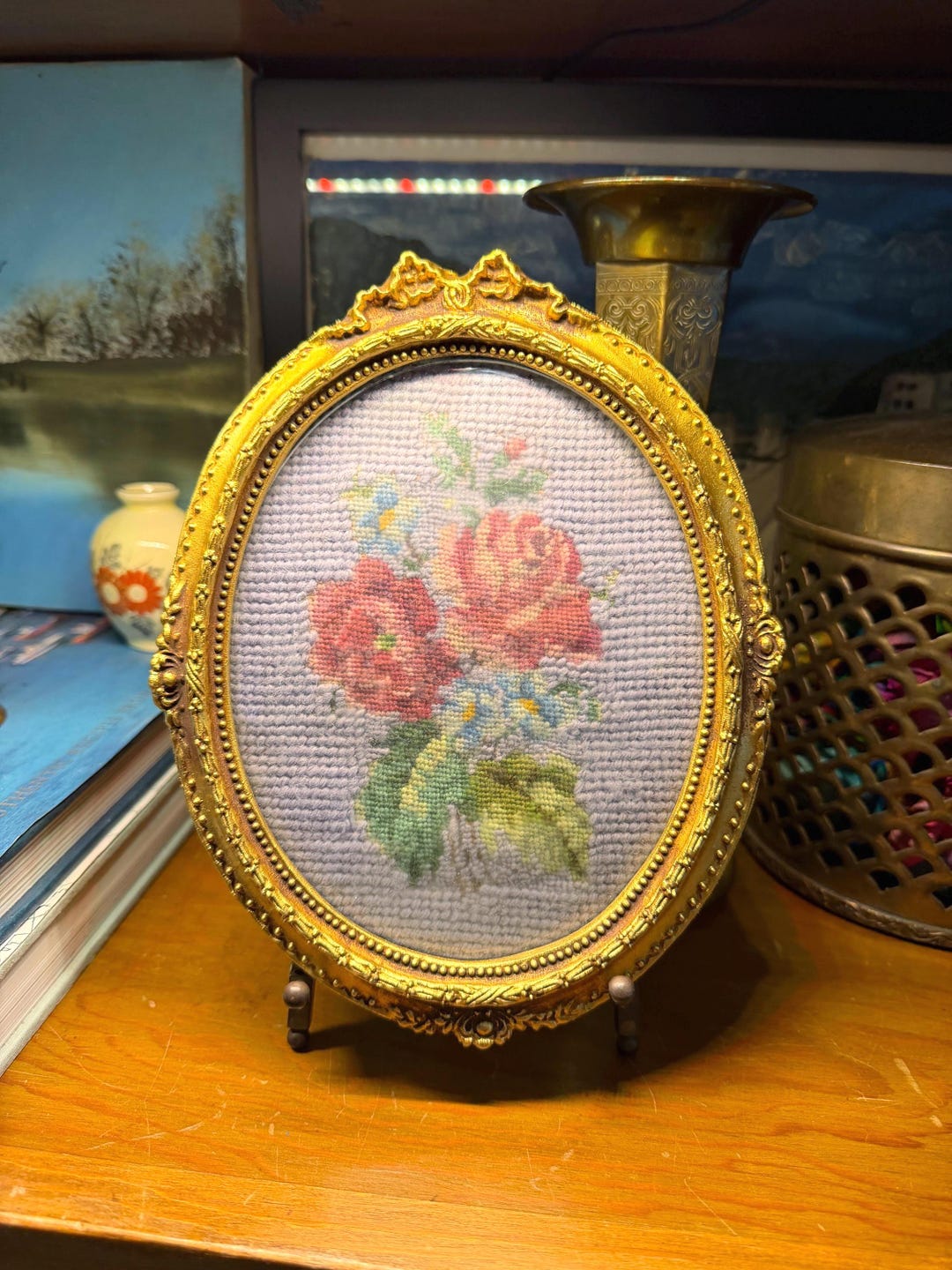 Vintage Needlepoint Framed Rose Bouquet With Convex Glass in Gold Frame ...