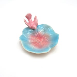 Pink & Blue Bird and Flower Blossom Trinket or Round Soap Dish by Royal Copley