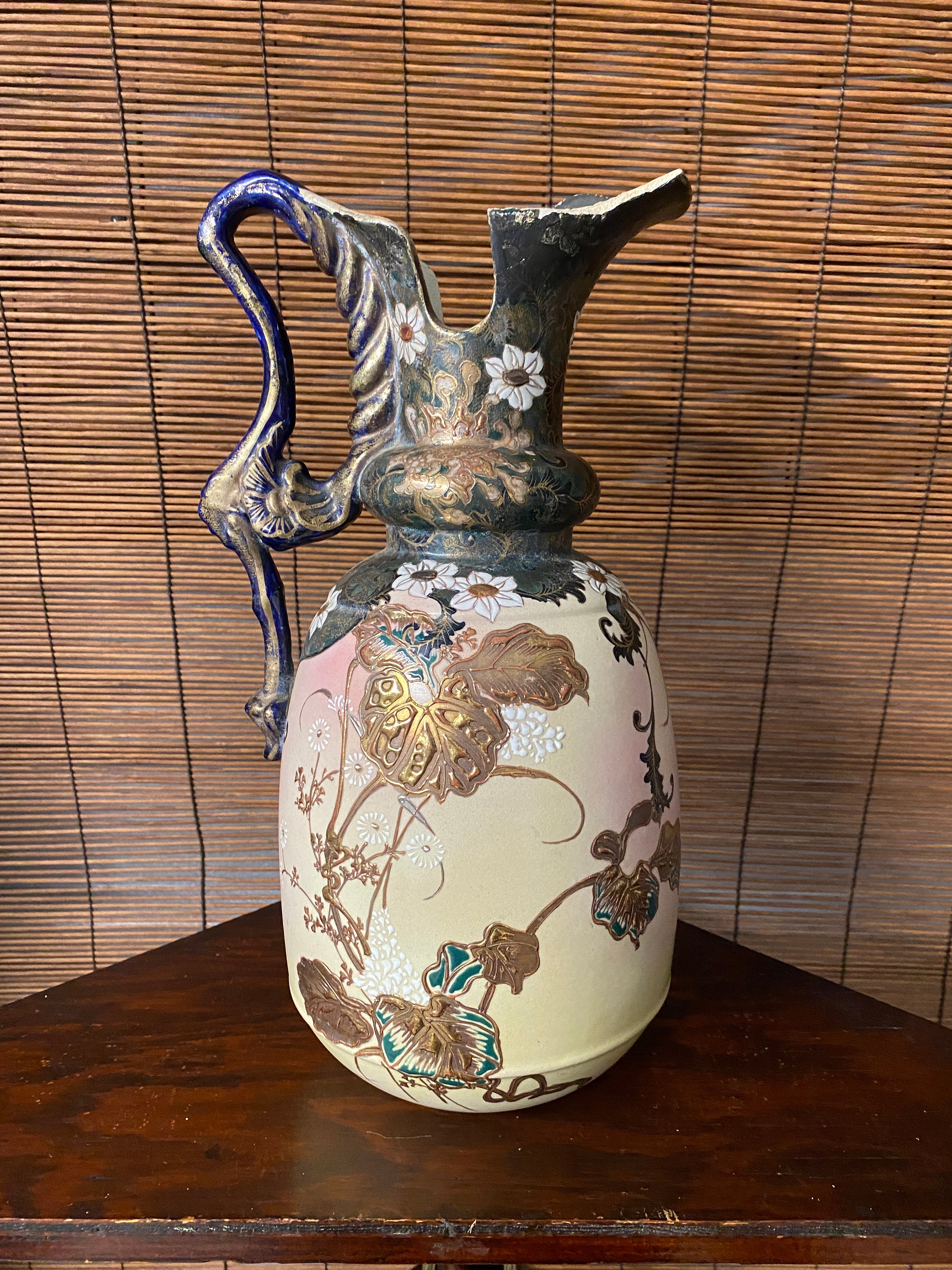 Japanese Satsuma Moriage Meiji Pitcher Blush Pinks, Creamy Yellow