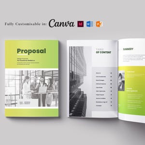 Könnte beinhalten: Eine Angebotsvorlage mit einem grün-gelben Farbverlauf-Cover mit dem Titel "Proposal". Die offenen Seiten zeigen ein Inhaltsverzeichnis, eine Zusammenfassung und ein Graustufenbild von Personen in einer Geschäftsumgebung. Der Text lautet "Fully Customisable in: Canva".