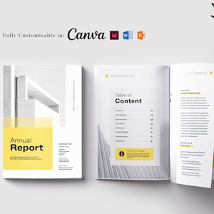 May include: Annual Report template with a modern design. The cover features the title "Annual Report" in bold black text on a yellow background. The open pages display a table of contents and company information. The design is fully customisable in Canva.