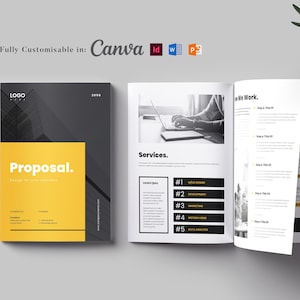 May include: A proposal template with a black and yellow cover, the word "Proposal" in large font. The open pages show a person using a laptop and a list of services. The text "Fully Customisable in: Canva" is at the top.