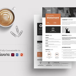 Op de afbeelding: Een witte koffiekop met een latte staat naast drie zilveren paperclips en een stapel documenten. De documenten bevatten een "Capability Statement" met oranje en zwarte accenten. De tekst "Fully Customisable in: Canva" is ook zichtbaar.