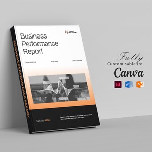 May include: A white and black business performance report document with orange accents. The cover features the text Business Performance Report, January 2050, and a central graphic showing a wave pattern. The spine also displays the report title.