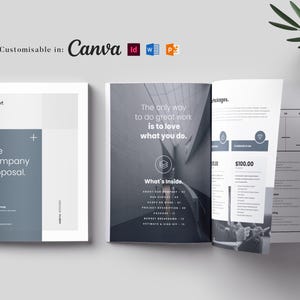 Puede incluir: Una plantilla de propuesta de empresa con un diseño moderno. La portada presenta el texto "The Company Proposal" con un signo más. Las páginas abiertas muestran el texto "The only way to do great work is to love what you do."