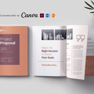 May include: A project proposal template with a peach and burgundy color scheme. The cover reads "Project Proposal" with the text "Make The Right Decision To Reach Your Goals" inside. The template is fully customizable in Canva.