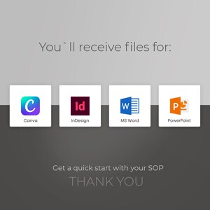 May include: A graphic showing four different software programs: Canva, InDesign, MS Word, and PowerPoint. The text "You'll receive files for:" is above the graphic. The text "Get a quick start with your SOP" is below the graphic. The text "THANK YOU" is below the previous text.