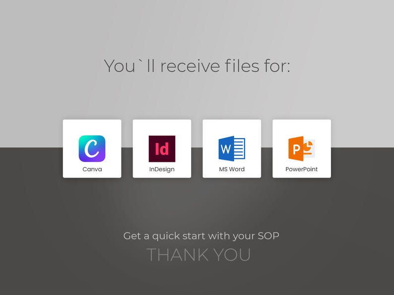 May include: A graphic showing four different software programs: Canva, InDesign, MS Word, and PowerPoint. The text "You'll receive files for:" is above the graphic. The text "Get a quick start with your SOP" is below the graphic. The text "THANK YOU" is below the previous text.