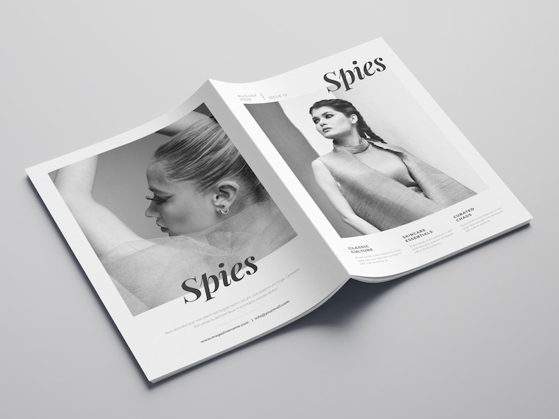 May include: A black and white magazine cover with the word "Spies" in bold, large font. The cover features two women, one on each side of the magazine. The woman on the left is looking down and her face is partially obscured. The woman on the right is looking at the camera and has her hair pulled back. The magazine cover also includes the text "Classic Colors", "Silk Essentials", and "Curated Chaos".
