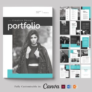 May include: A black and white photograph of a woman wearing a black jacket and a black crop top. The photo is used as the cover of a portfolio magazine. The magazine is titled "Creative Design Portfolio" and has a blue and white colour scheme. The magazine is fully customisable in Canva, InDesign, Word, and PowerPoint.