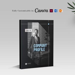 May include: A black company profile document template featuring a central vertical panel with a monochrome photograph of a person in a suit. The text reads Company Profile and 2050. It is fully customizable in Canva, InDesign, Word, and PowerPoint.