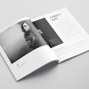 May include: A black and white photo of a woman wearing a jacket, featured in a magazine spread with the text "Editor's note."