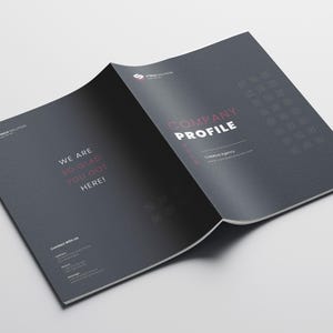 Puede incluir: Folleto abierto con una cubierta gris oscuro. El texto "COMPANY PROFILE" est&aacute; en blanco y rojo. La p&aacute;gina izquierda dice "WE ARE SO GLAD YOU GOT HERE!" en rojo y blanco. Un logotipo est&aacute; en la esquina superior izquierda.