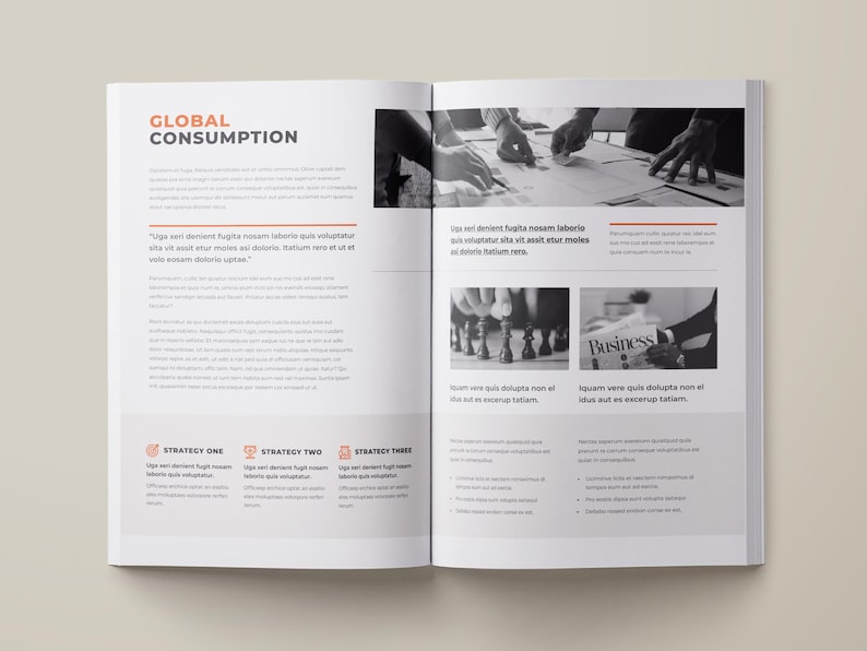 May include: A page from a business report titled "Global Consumption" with text and images. The text discusses strategies for global consumption. The images show hands working on a table, a chessboard, and a newspaper with the word "Business" on it.