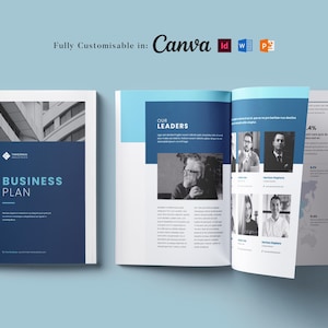 Op de afbeelding: Een blauwe en witte businessplan-sjabloon met een foto van een modern gebouw op de omslag. De binnenpagina's bevatten een sectie met de titel "Onze leiders" met foto's en namen van personen.