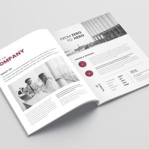 Puede incluir: Folleto abierto con el t&iacute;tulo "Acerca de la empresa" y el texto "De cero a h&eacute;roe". El folleto tiene una imagen en escala de grises de dos personas en un entorno empresarial. El folleto tambi&eacute;n incluye una secci&oacute;n de visi&oacute;n y misi&oacute;n.