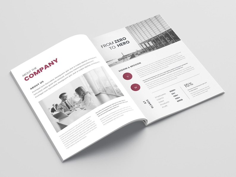 Puede incluir: Folleto abierto con el t&iacute;tulo "Acerca de la empresa" y el texto "De cero a h&eacute;roe". El folleto tiene una imagen en escala de grises de dos personas en un entorno empresarial. El folleto tambi&eacute;n incluye una secci&oacute;n de visi&oacute;n y misi&oacute;n.