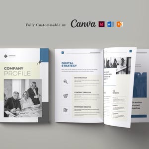 Könnte beinhalten: Eine Unternehmensprofilbroschüre mit einem Schwarzweißfoto von drei Personen in einem Meeting. Die Broschüre hat ein blaues und weißes Farbschema und enthält den Text "COMPANY PROFILE" und "DIGITAL STRATEGY".